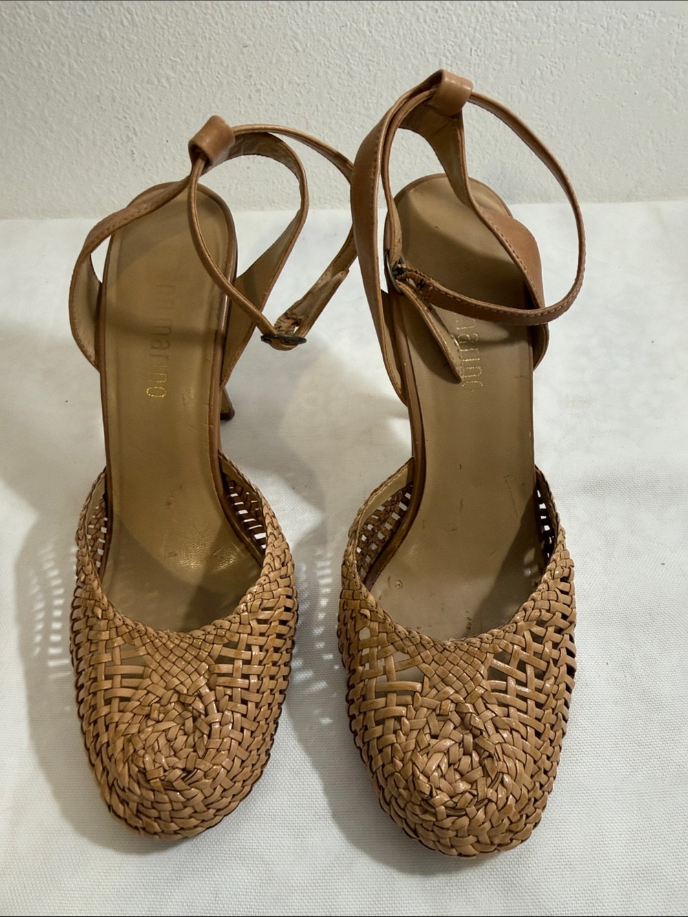Ann Marino Woven Tan Leather Ankle-Strap Heels